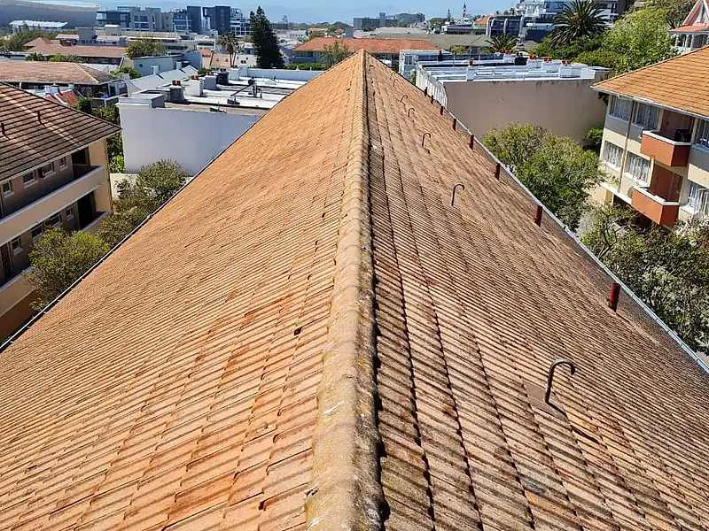 Weathered, stained roof tiles along the ridge of Middelhof Apartments in Three Anchor Bay, before the work