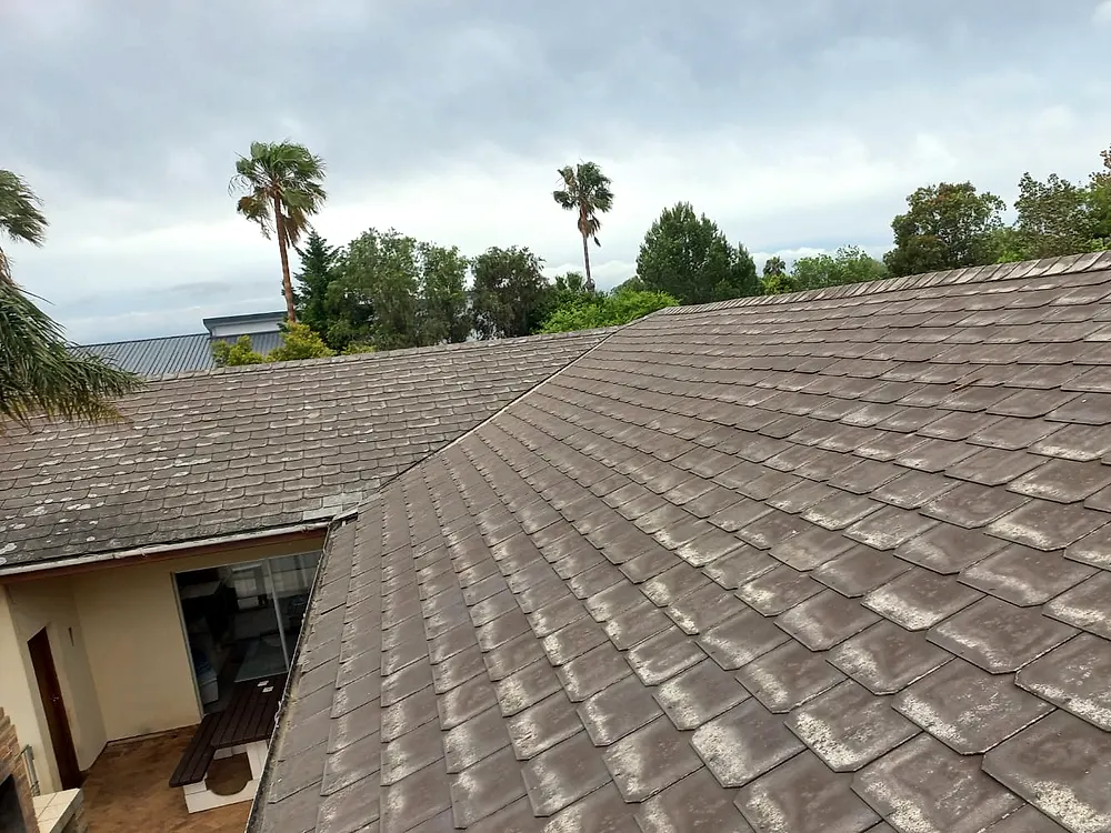 Old, weathered roof tiles with pale staining across two roof slopes, before the re-roof